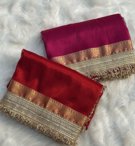 Banarasi Soft Glass Tissue Silk with Zari Lace Work Border