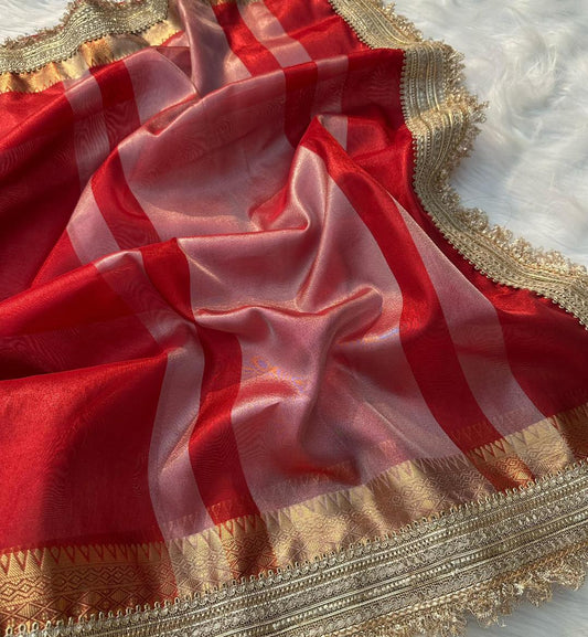 Banarasi Soft Glass Tissue Silk with Zari Lace Work Border