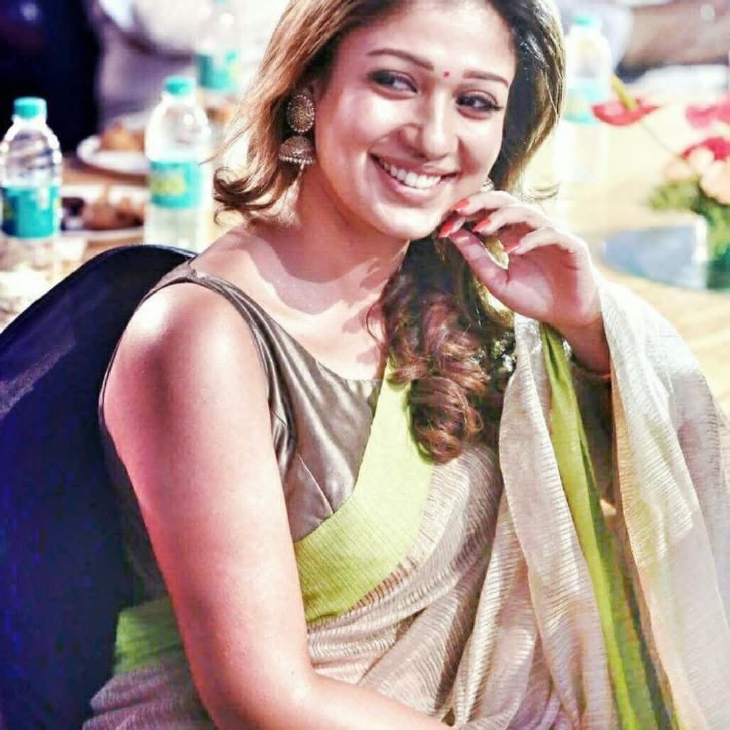 Nayanthara Beige Saree with Green Border Tissue Silk Saree