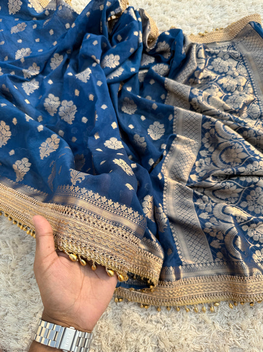 Blue Banarasi Georgette Silk Saree with Pasely Motiffs and Lace Work