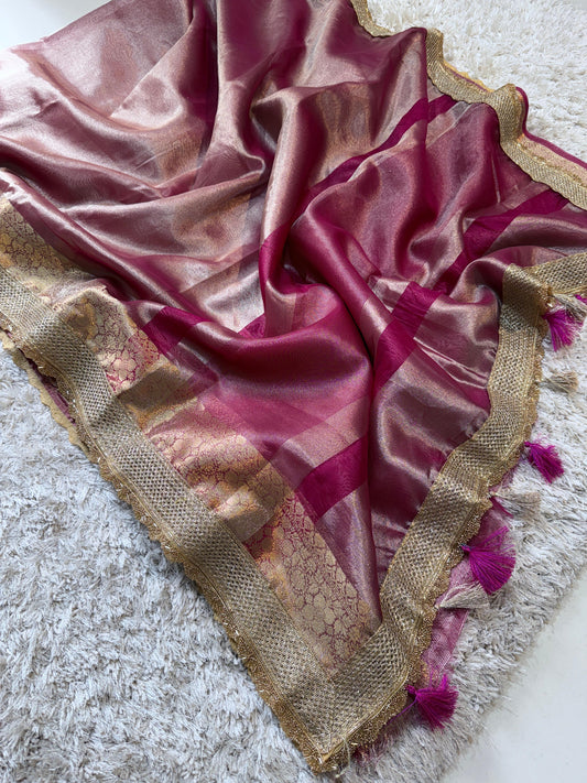 Banarasi Rani Tissue Silk Saree, Heavy Lace Work