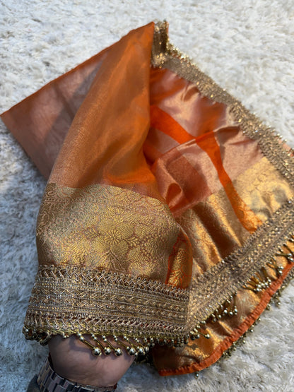 Banarasi Tissue Soft Silk Saree with Gotapatti, latkan handwork lace