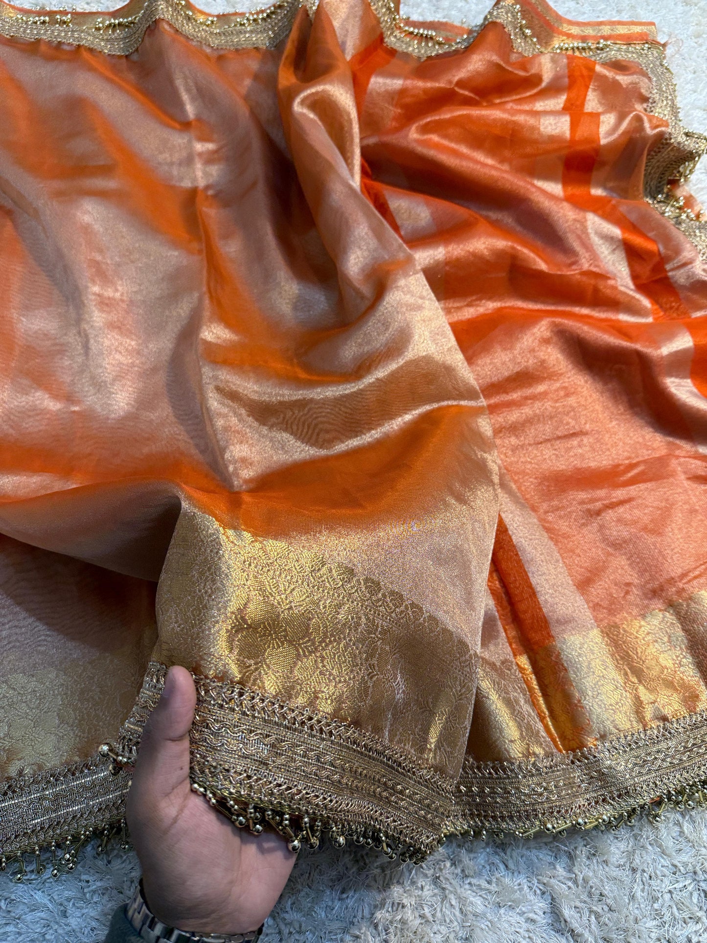 Banarasi Tissue Soft Silk Saree with Gotapatti, latkan handwork lace