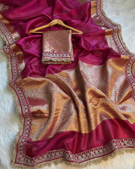 Banarasi Tissue Silk Saree with Velvet & Uljhi Lace Work