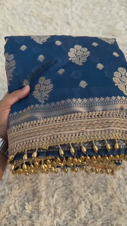 Blue Banarasi Georgette Silk Saree with Pasely Motiffs and Lace Work